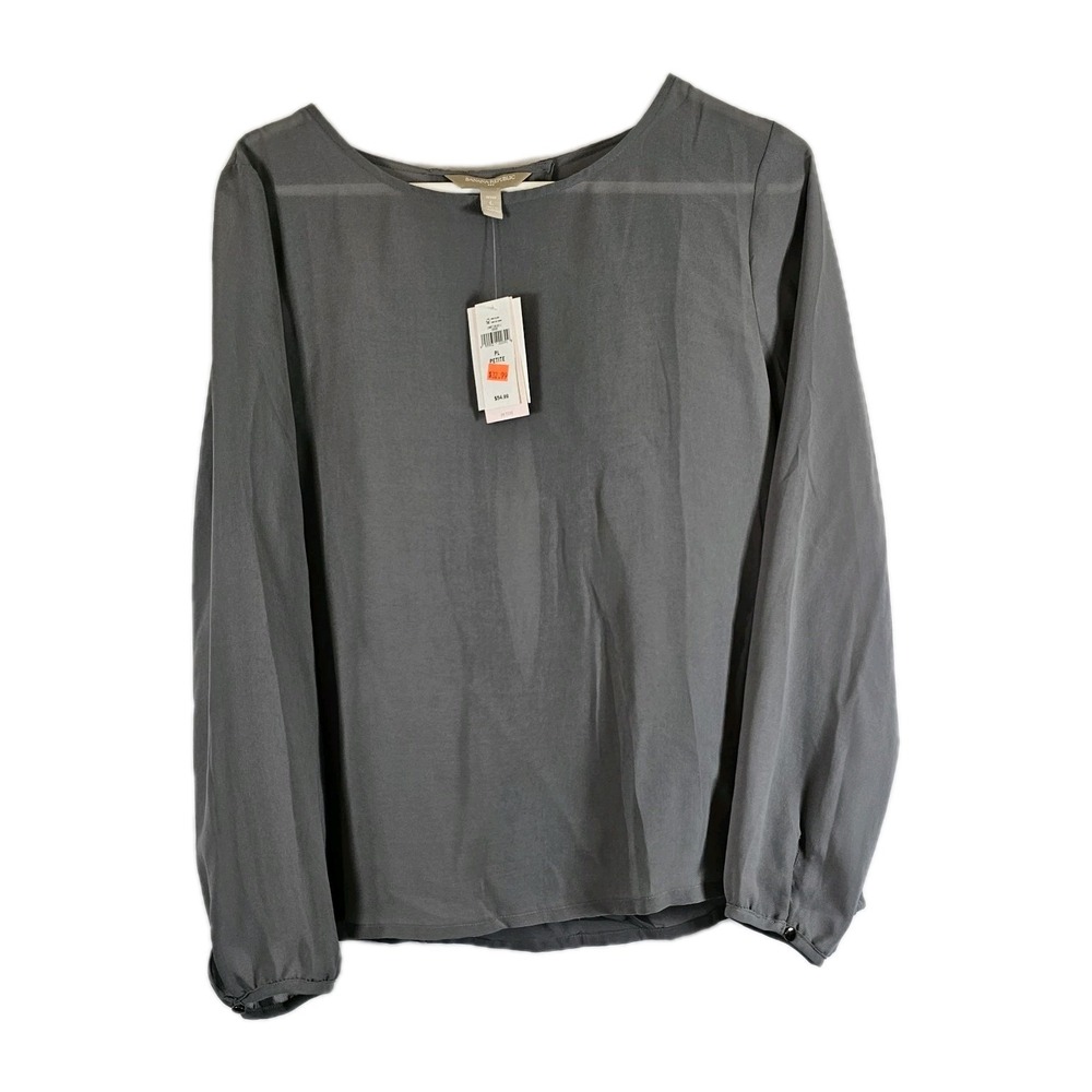 Banana Republic Womens Petite Large Gray Sheer Open Back Long‎ Slv Top NWT